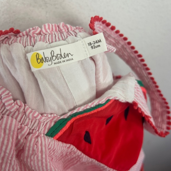 Baby Boden baby toddler GIRL watermelon seersucker outfit bib overalls 18-24 mos - Picture 6 of 8